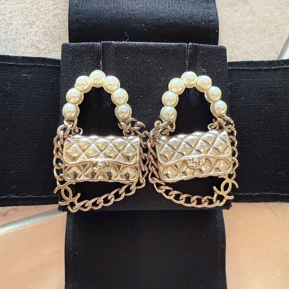 Chanel Pearl Bag Chain Gold Motif Earrings